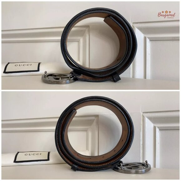 Authentic Gucci Web Canvas Black Leather Silver Interlocking G Buckle Belt 85/34 - Picture 9 of 12